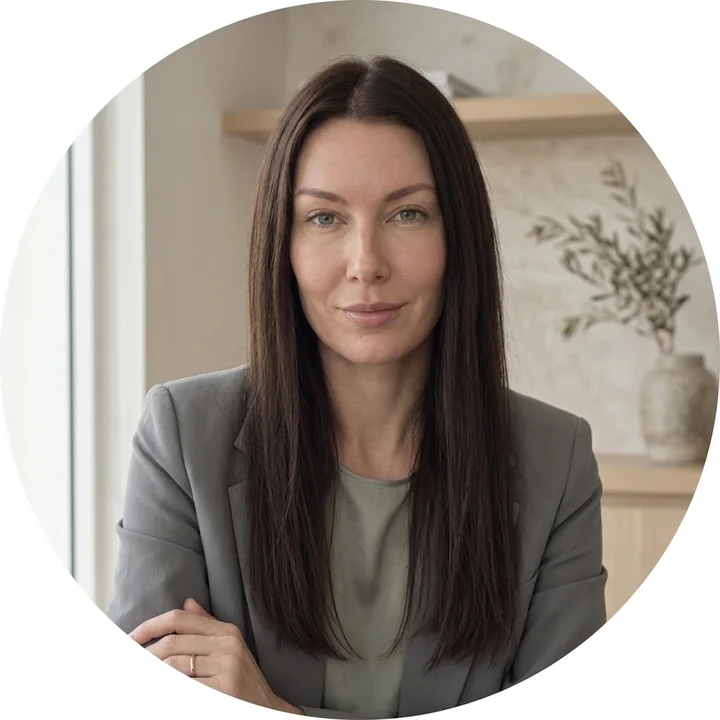 Round profile crop of Melanie Laas in a stone-grey blazer in a calm office