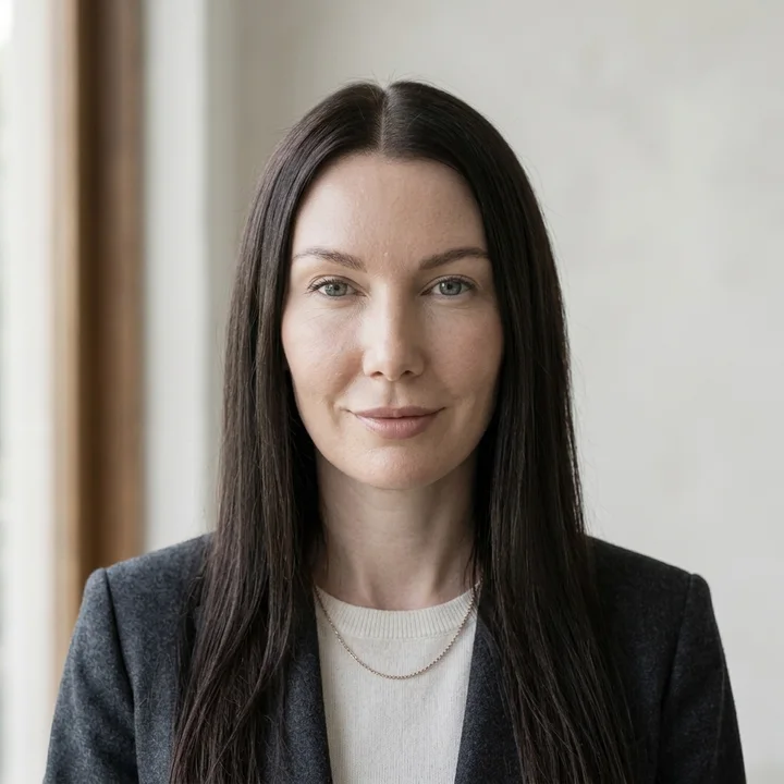 Round profile crop of Melanie Laas in a charcoal blazer against an ivory plaster wall