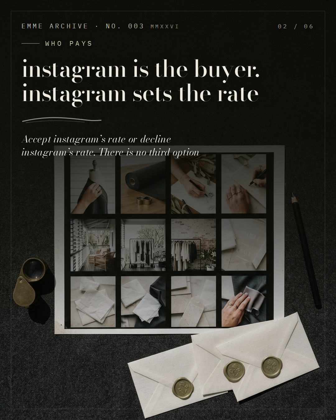 An overhead flat lay of a black and white contact sheet, a jeweller's loupe, a grease pencil and three linen envelopes sealed with olive wax