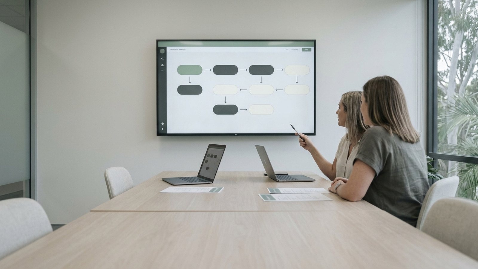 Two business owners at an AI automation workshop, one pointing a pen at a wall screen showing an automation workflow