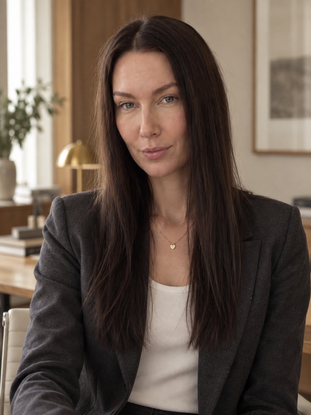 Melanie Laas, founder of EMME Influence, in a charcoal blazer