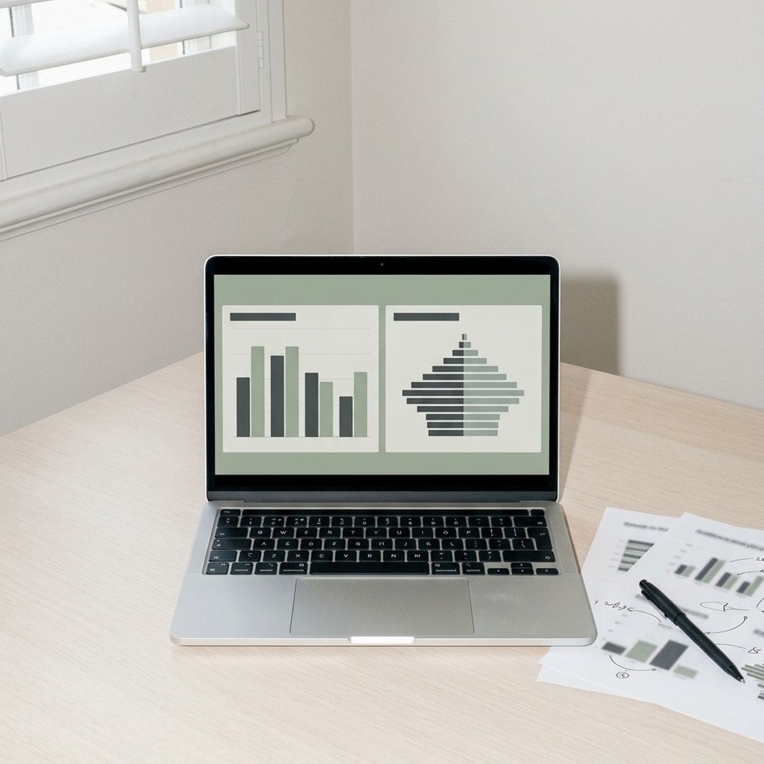 A laptop showing an audience data dashboard with a bar chart and a population age pyramid, beside annotated printed charts