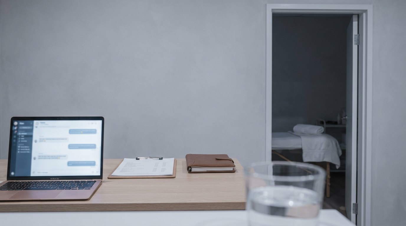 A laptop showing overnight client messages on a skin clinic's front desk, beside a printed price list and diary
