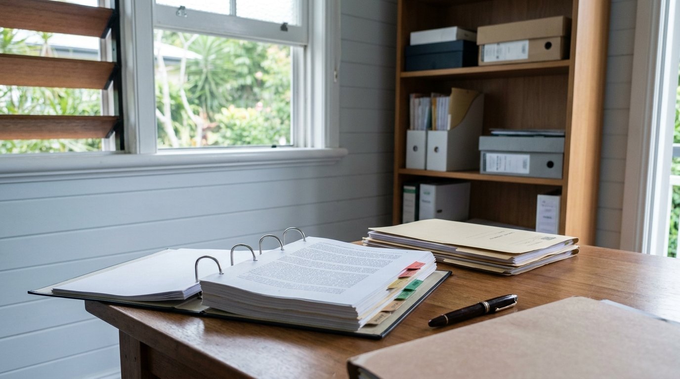 An open ring binder holding a family trust deed, with tabbed pages and manila folders, on a home study desk