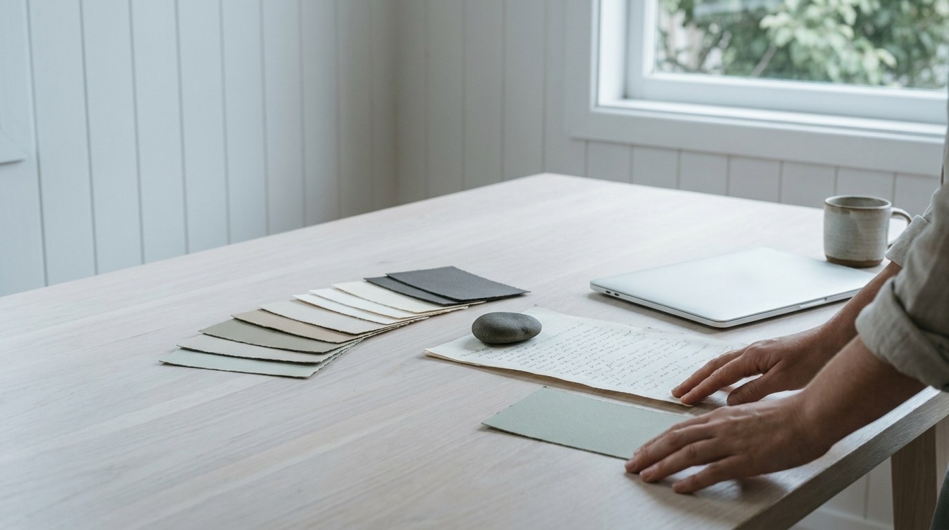 A woman's hands laying printed colour swatches and a written page of brand rules beside a closed laptop on a pale timber studio table